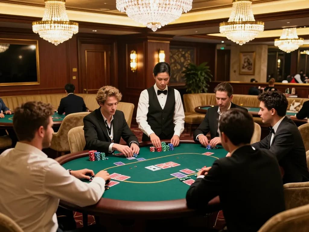 Engaged players at VU88's exclusive VIP gaming area during a high-stakes poker match.