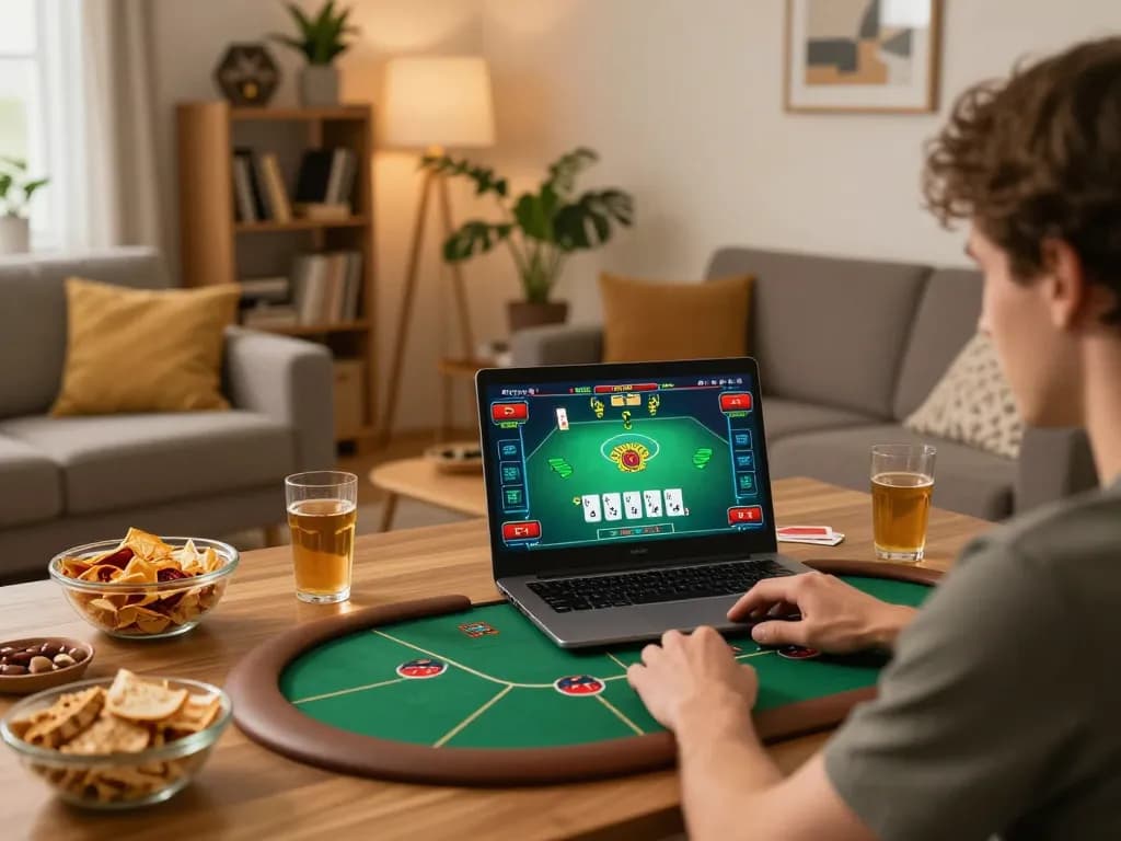 Engaging in poker gameplay on Jun88 from a cozy home setup with snacks and drinks.