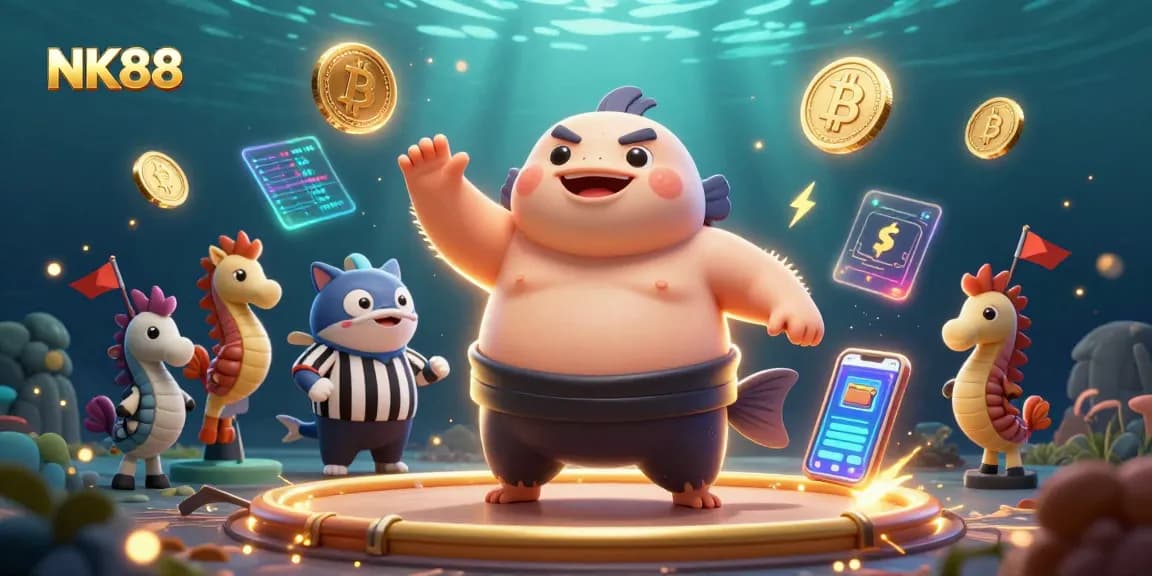 Engage with NK88's vibrant underwater casino world featuring a fugu character in a sumo arena.
