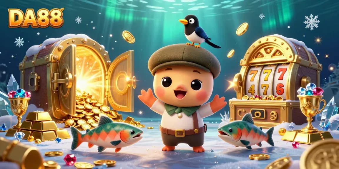 Spin the reels of fortune with DA88 in a whimsical casino scene featuring cartoon characters and treasures