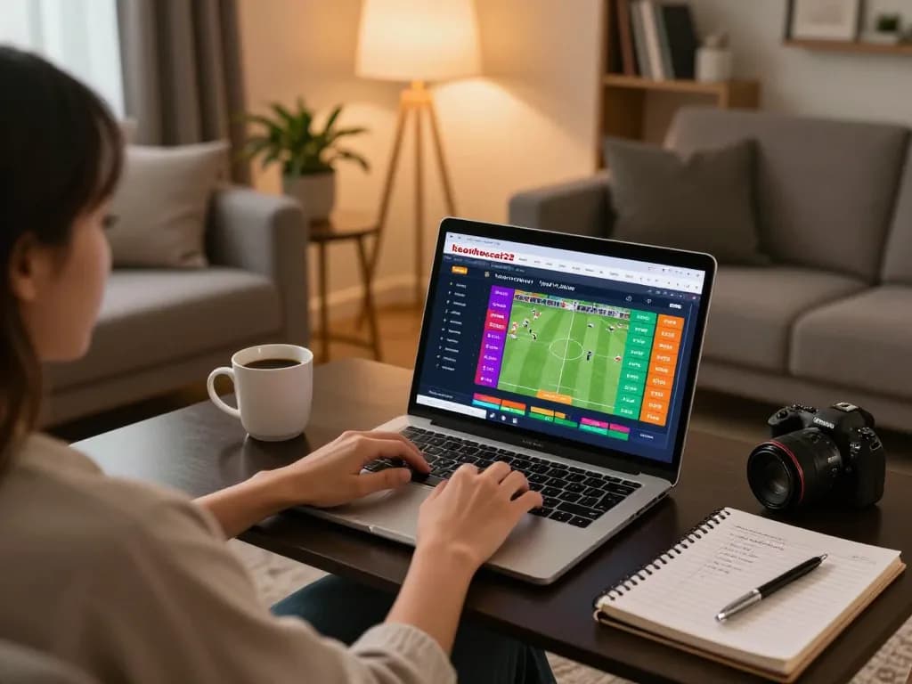 Person using keonhacai22 website on laptop for sports betting during cozy home setup, promoting strategic gaming.