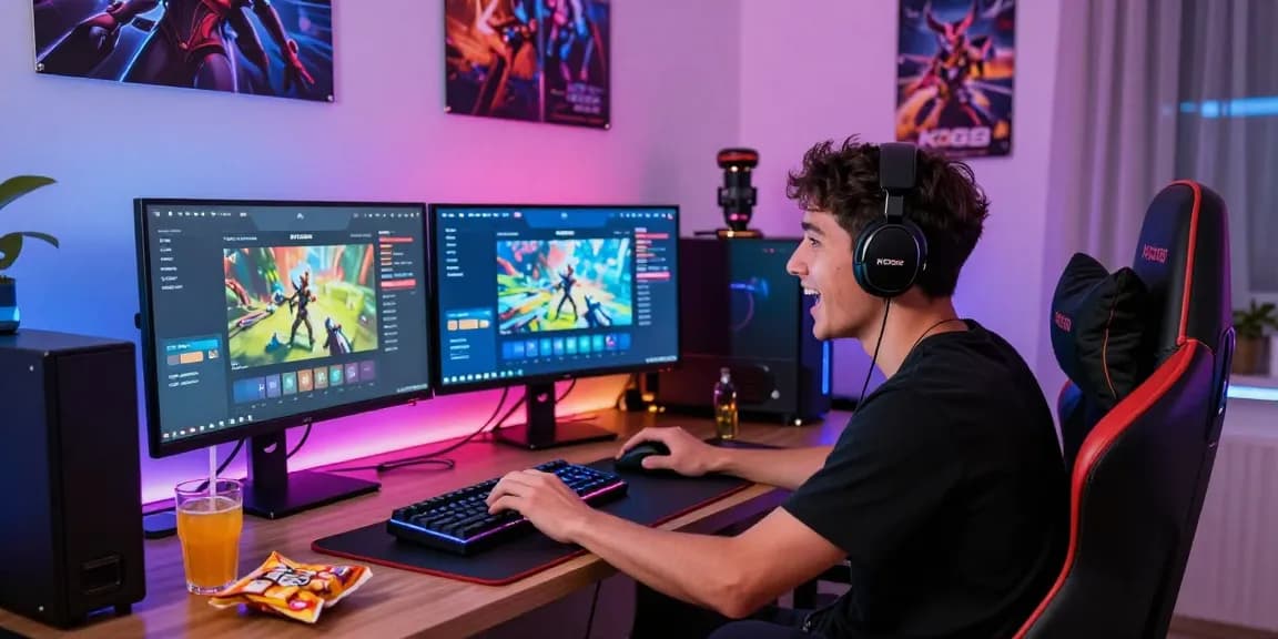 Gamer immersed in the KO66 app on a vibrant gaming setup with LED lights