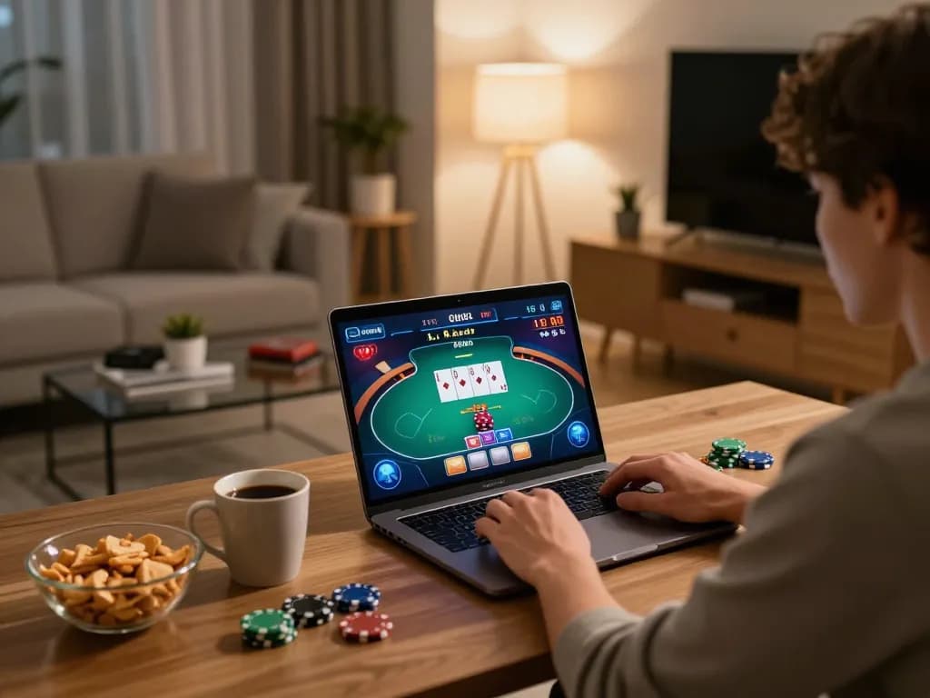 Engaging in online gambling on VUA88 with poker game interface displayed on laptop.