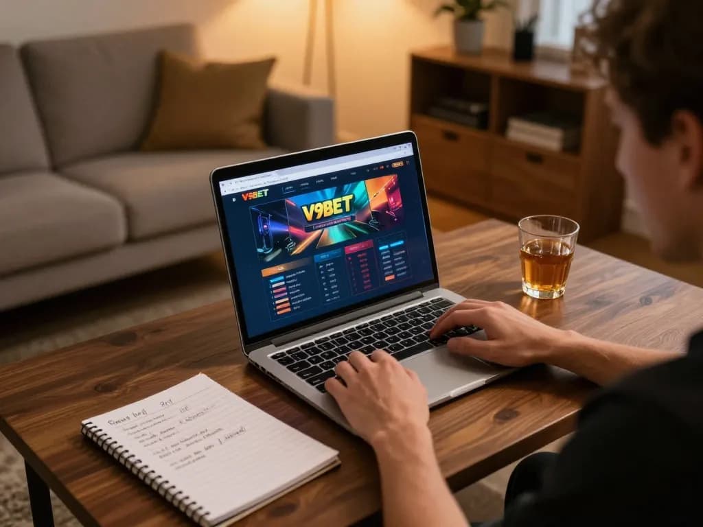 Player enjoying V9BET online casino on laptop with strategic notes in cozy setting