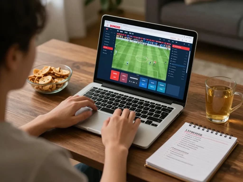 BONG88 sports betting excitement at home with live match updates on laptop.