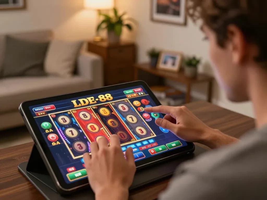 Player immersed in LODE 88 online gaming, engaging with colorful slot reel interface