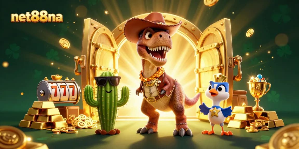 Experience the thrill of casino gaming with net88na's vibrant illustration featuring lively characters and jackpot elements.