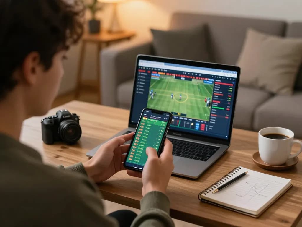 Engaged user analyzing betting odds on dh88 smartphone in cozy living room