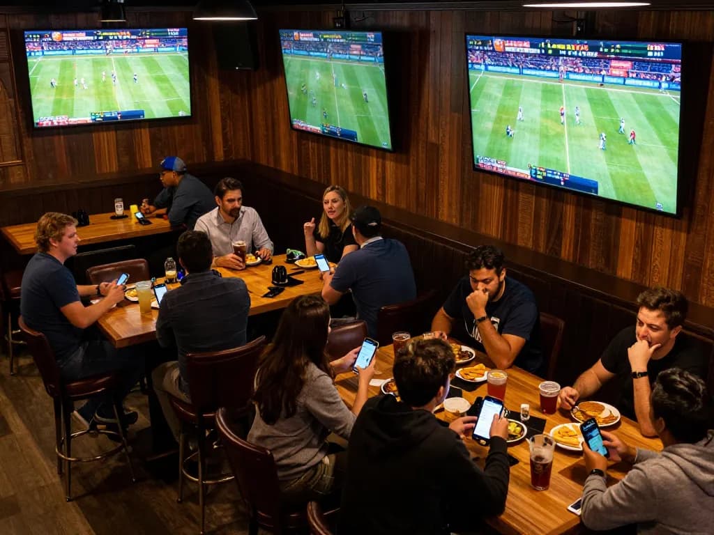 Engaged bettors using keonhacai5 at a vibrant sports bar, multiple screens showcasing live events.