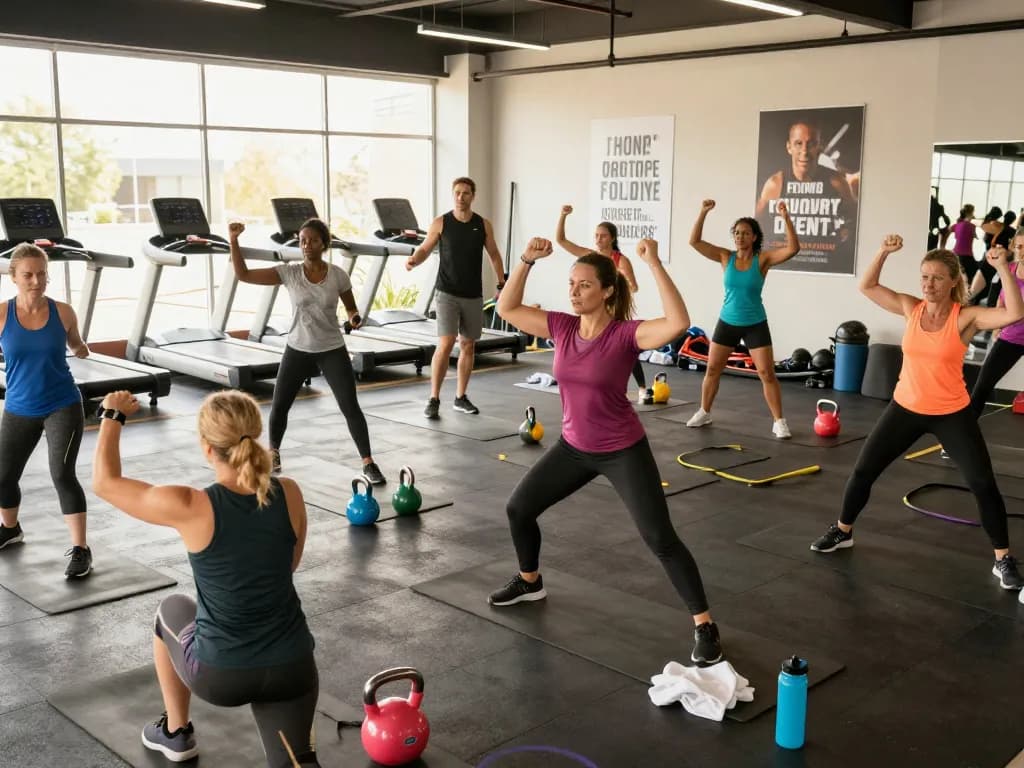 Group of fitness enthusiasts engaging in a workout class using the app hitclub for motivation and community support.