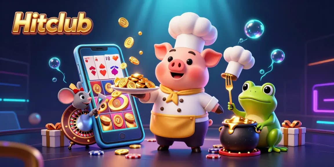 Spin and win with Hitclub in a vibrant 3D illustration of gold coins and gaming elements.