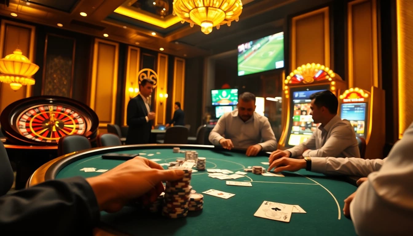 Bong da lu88 betting excitement captured at a luxurious casino table with cards and chips.