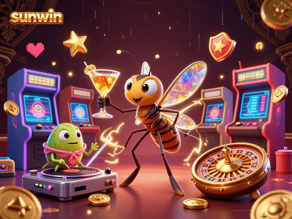 Experience sunwin's vibrant gaming world with a lively 3D casino mascot and colorful arcade elements.