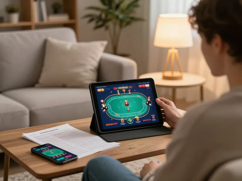 Person enjoying RR 99 online casino gaming on tablet, relaxing home atmosphere with strategy notes