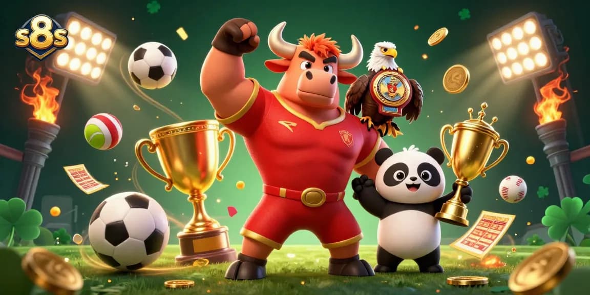 Experience thrilling wins at s8s, showcased by mascots celebrating with gold trophies and dynamic sports elements.