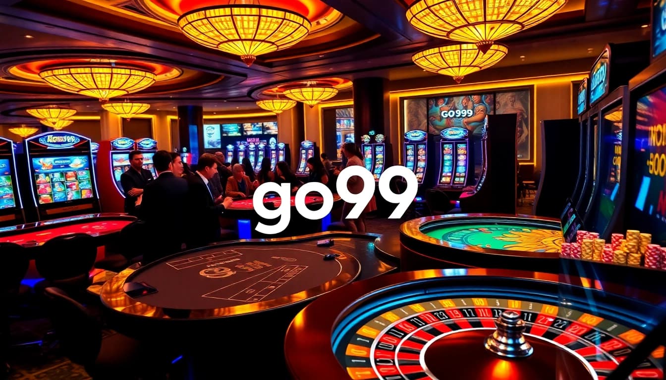 Engaging in thrilling games at go99, showcasing vibrant casino action with poker tables and roulette wheels.