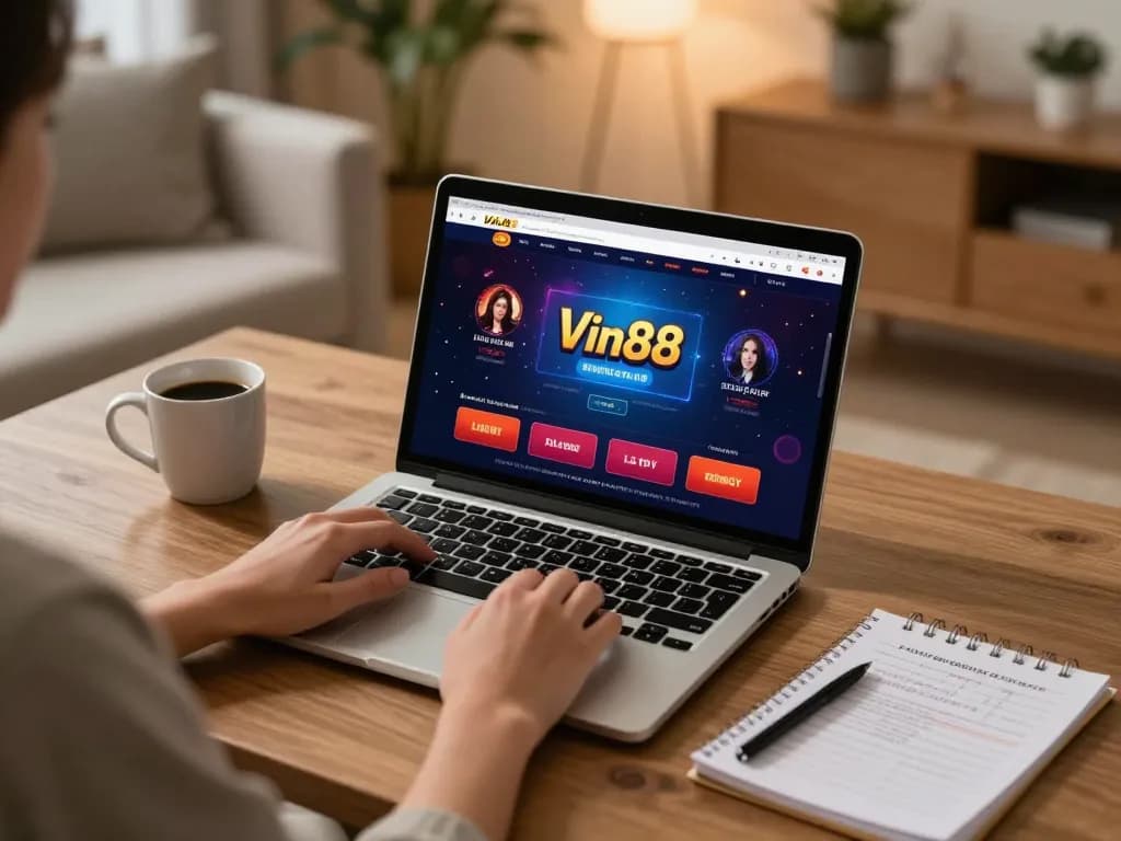 Engaging home gaming scene showcasing Vin88 online casino interface on a laptop with strategic notes.