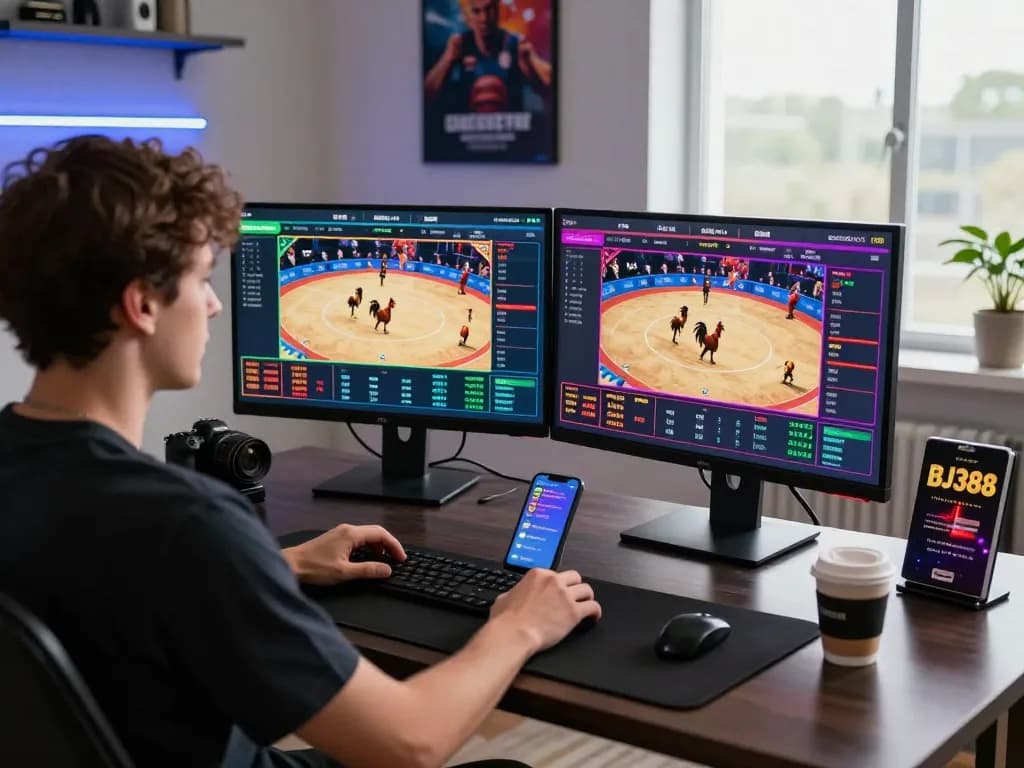 Engaging online gambling scene at https://bj388.my with live cockfighting events displayed on dual screens, showcasing a modern workspace atmosphere.
