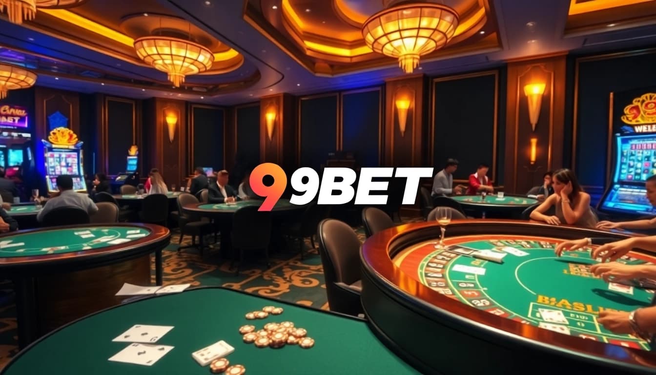 Immerse in the exciting 9BET casino experience with players around dynamic gaming tables.