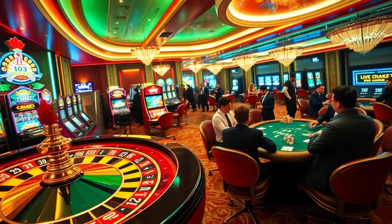 Exciting gaming atmosphere at tg88.com with roulette wheel and players at blackjack tables.