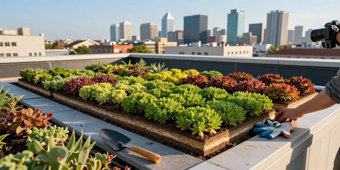 Installatie van een sedumdak met levendige lagen en groene planten op een modern stedelijk dak.