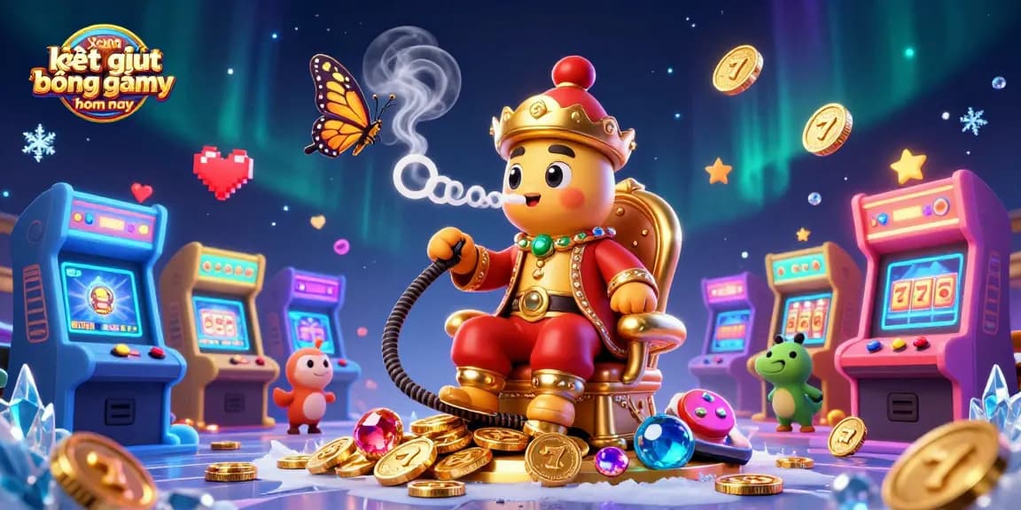 Xem kết quả bóng đá hôm nay featuring vibrant 3D gambling elements, a caterpillar in a sultan outfit, and golden coins.