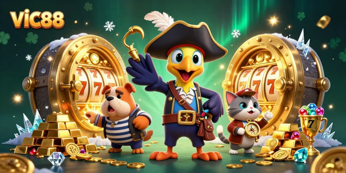Join the adventure at VIC88 with a pirate captain parrot and gold treasures while spinning slot reels.
