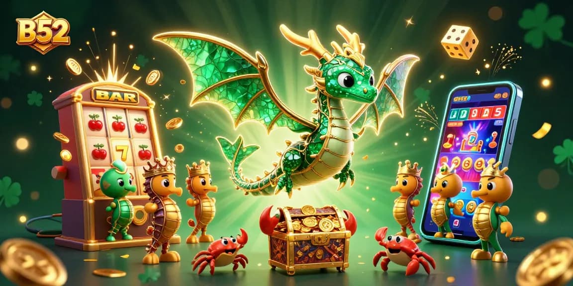 B52 players engaging with a vibrant explosive casino scene featuring slot machines, dragons, and treasure chests.