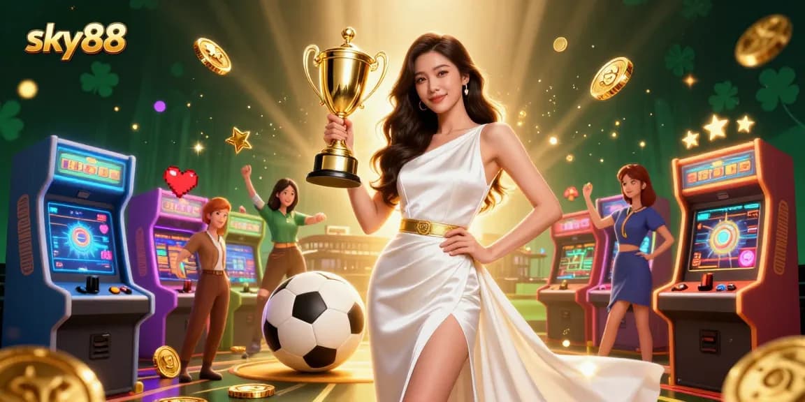 Experience winning moments at sky88 with a stunning Asian woman celebrating victory in luxurious attire.