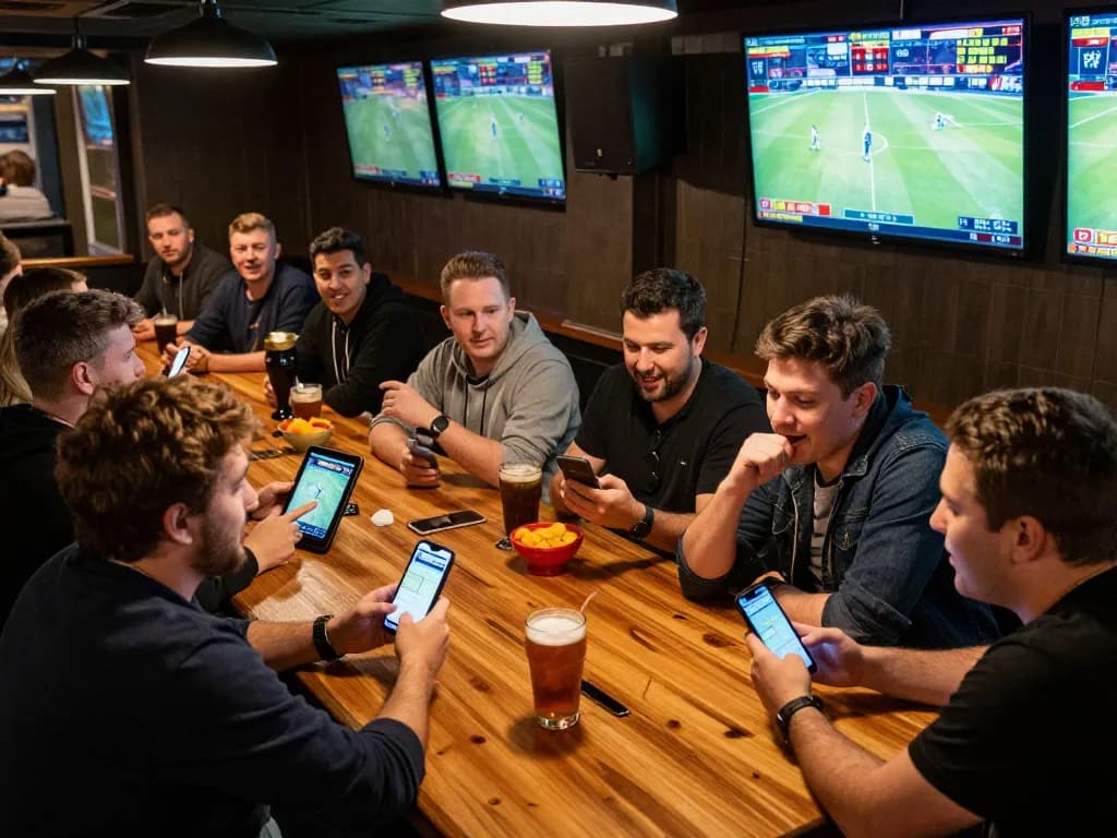 Engaged bettors at a sports bar leveraging BL555 to place live bets during matches