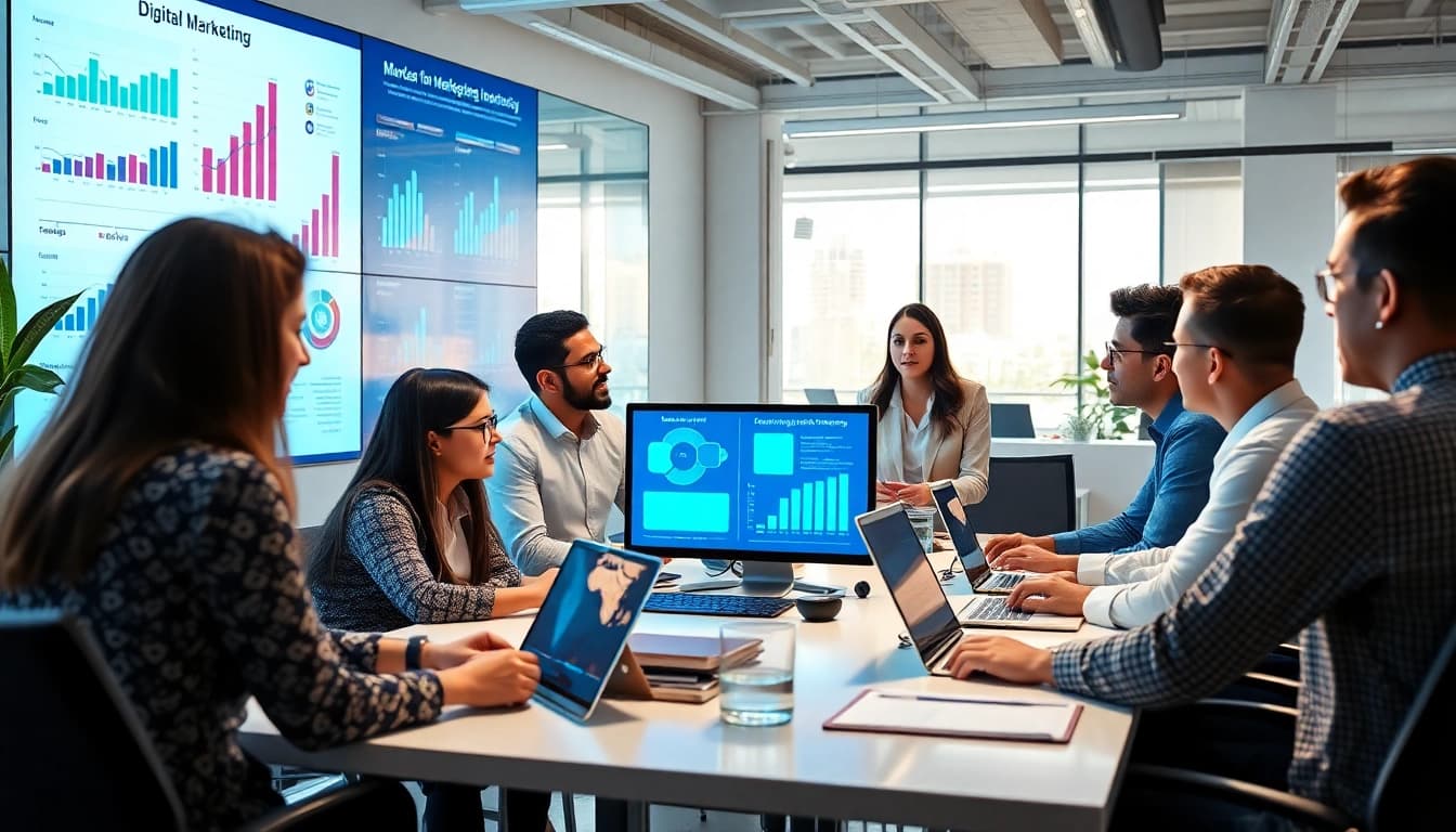 Escena dinámica de oficina que muestra un entorno de marketing digital en Guadalajara con profesionales creando estrategias.