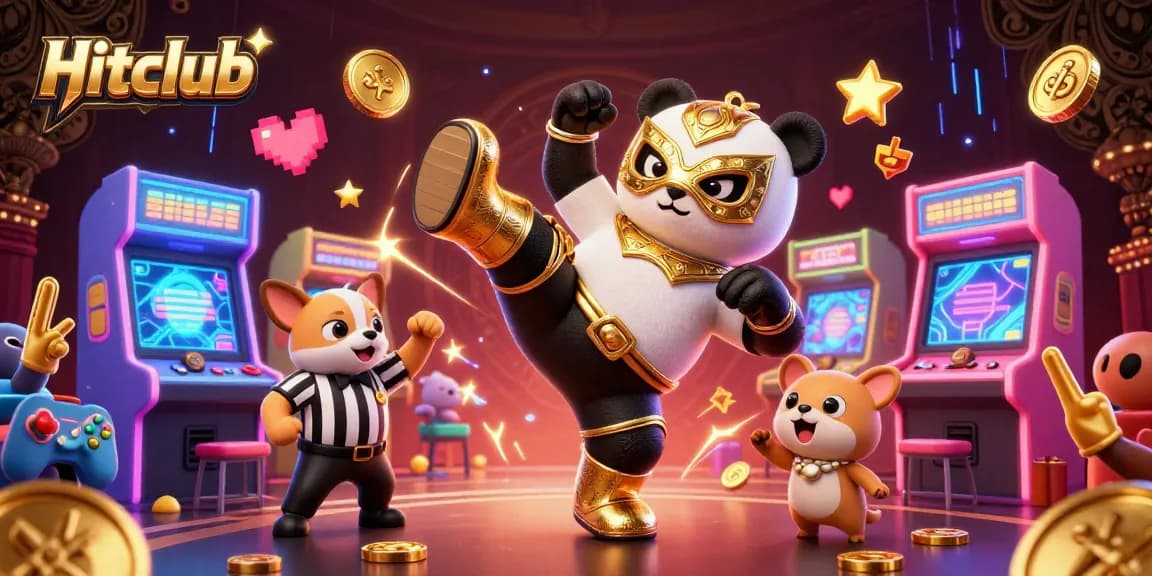 Hitclub engaging scene with a wrestler panda kick, a referee, and lively animal spectators in a vibrant casino backdrop.