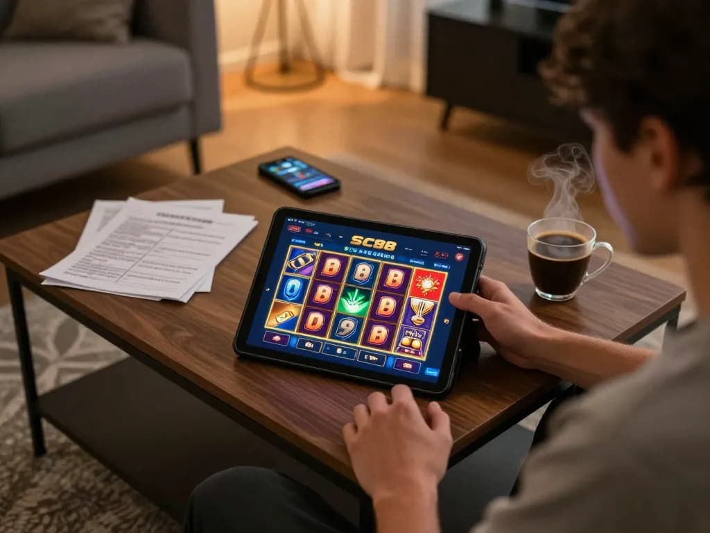 Person engages in SC88 đăng nhập on tablet, surrounded by gaming strategies at home.