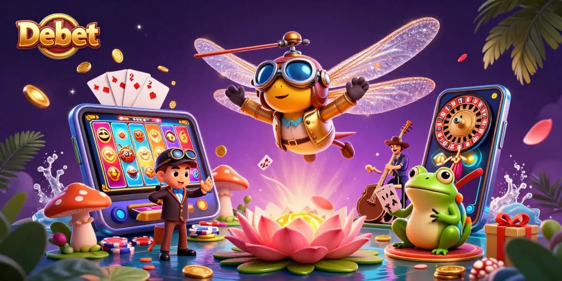 Experience thrilling Debet casino action with a dragonfly pilot, frog dealer, and jazz band in vibrant 3D
