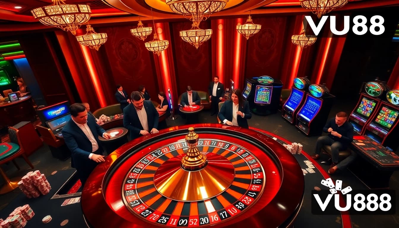 Experience thrilling gameplay at VU88's premier casino tables featuring chic poker chips and energetic players.