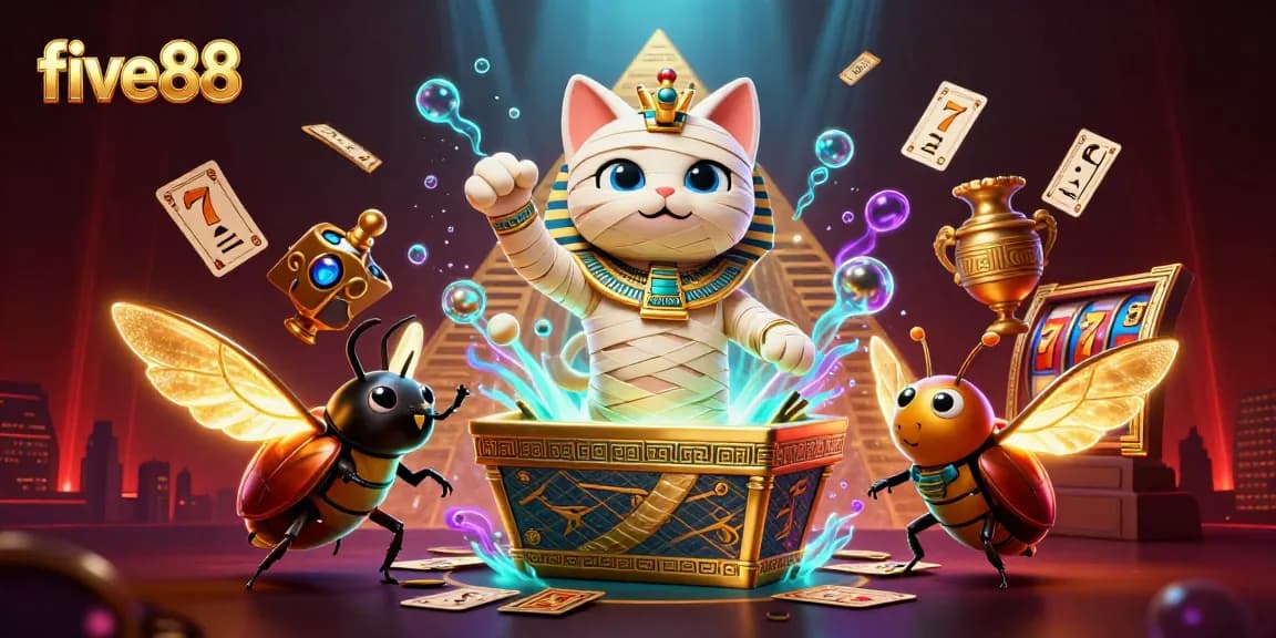 Experience thrilling casino action with five88 as a lively Egyptian mummy bursts from a sarcophagus filled with treasures.