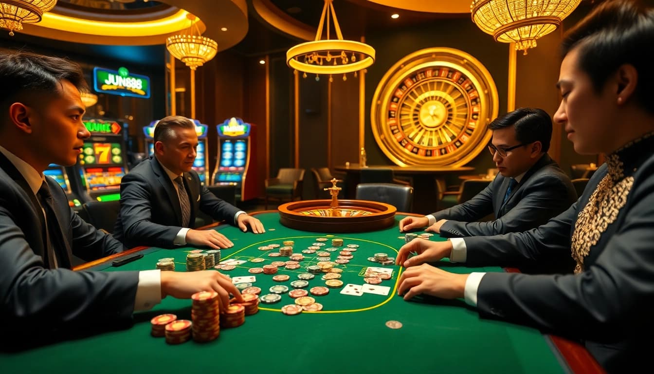 Exciting gaming action at Jun88 casino featuring poker chips and players in a vibrant atmosphere.