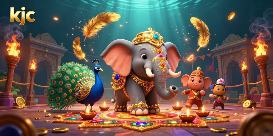 KJC casino illustration showcasing a vibrant elephant, peacock, and dynamic betting elements.