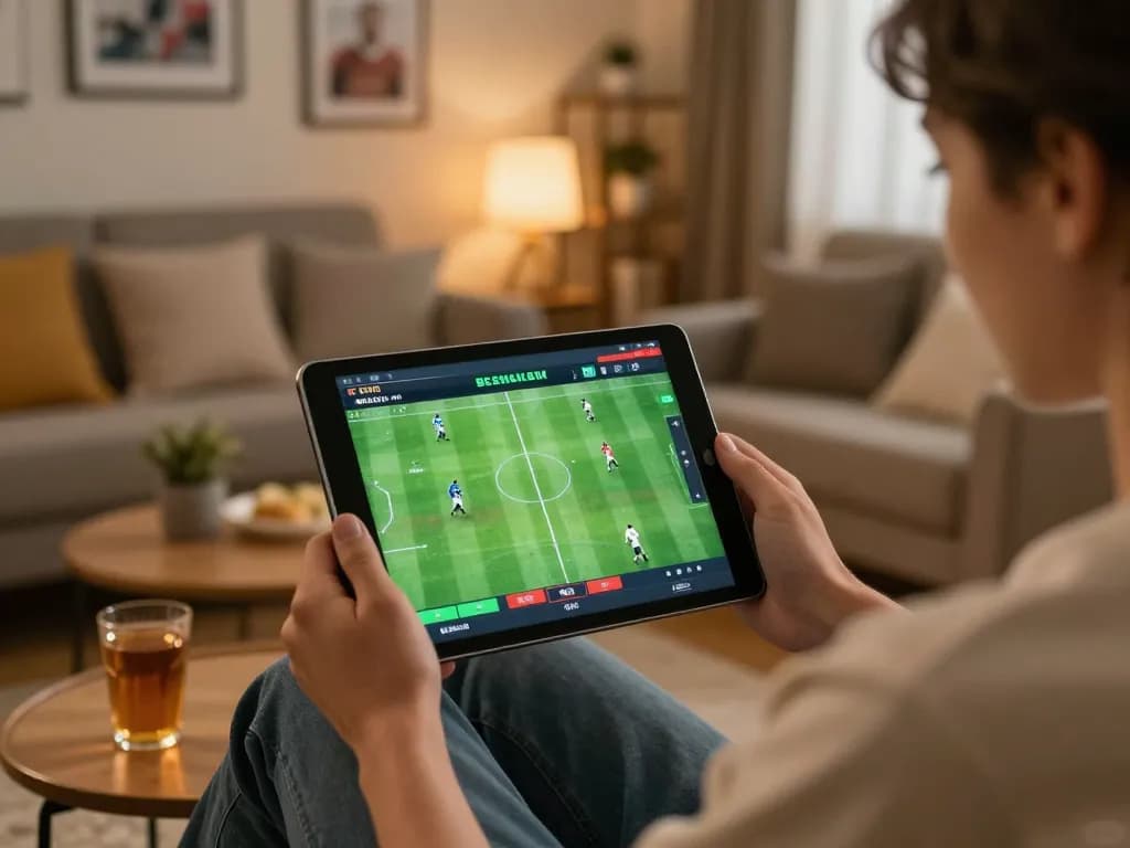 Lu88 user placing sports bets on tablet with engaging live odds in a cozy home setting