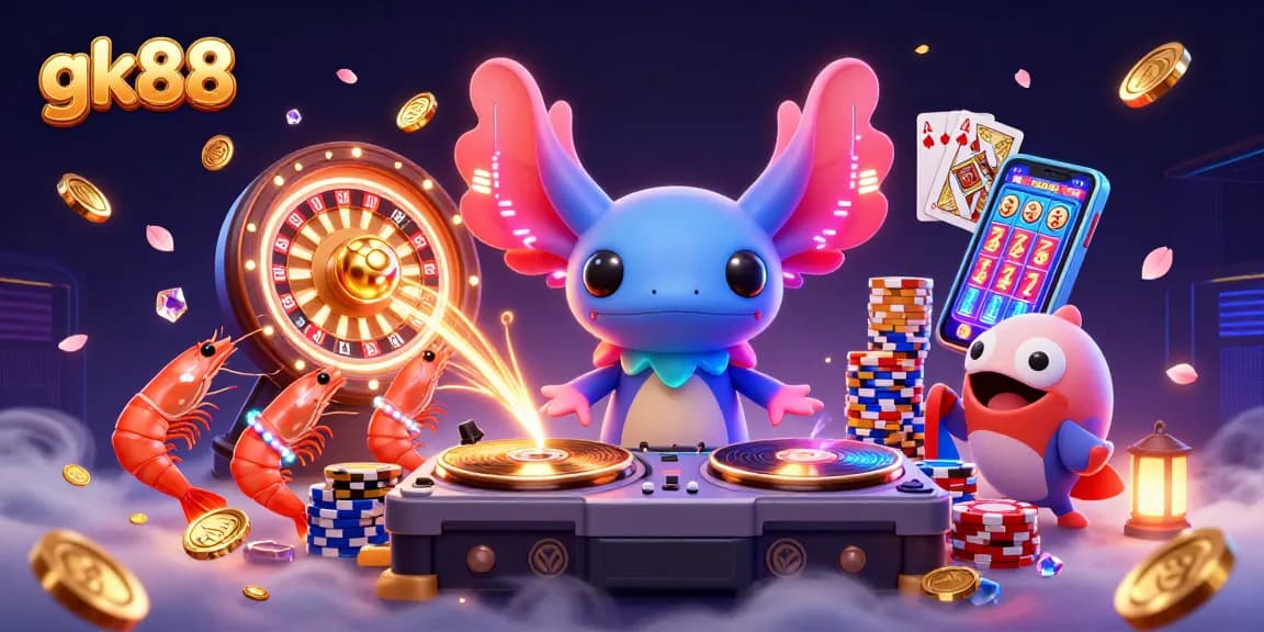 Join the gk88 online casino excitement with an axolotl DJ spinning vibrant games and treasure.