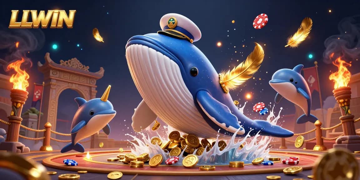 LLWIN captures fun gambling action with a cartoon whale, narwhal, and dolphins in a dynamic casino scene.