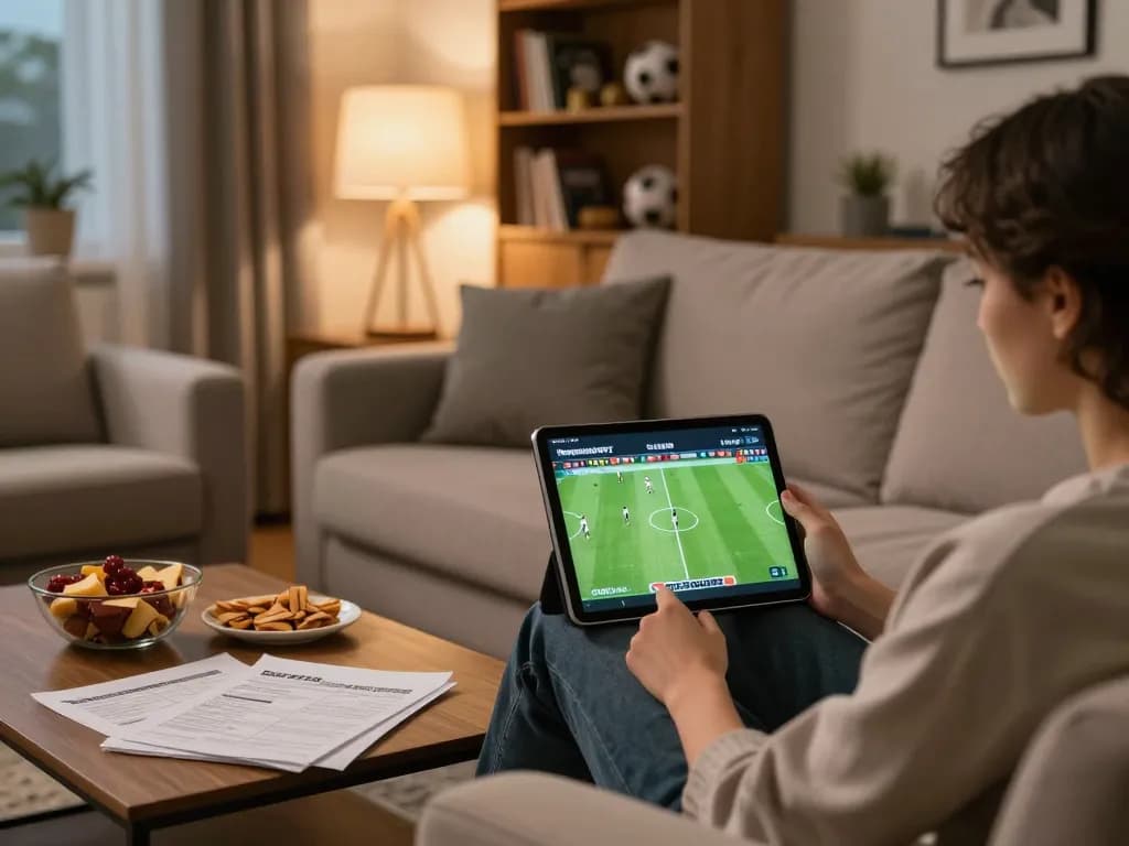 Socolive streaming football match on tablet from cozy home setup with strategy notes.