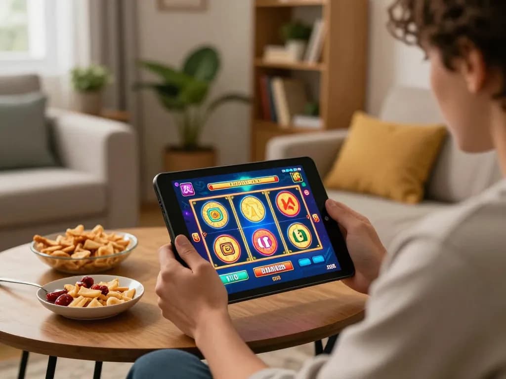 Engaging in an online slot game on 11win com using a tablet in a cozy home setting.