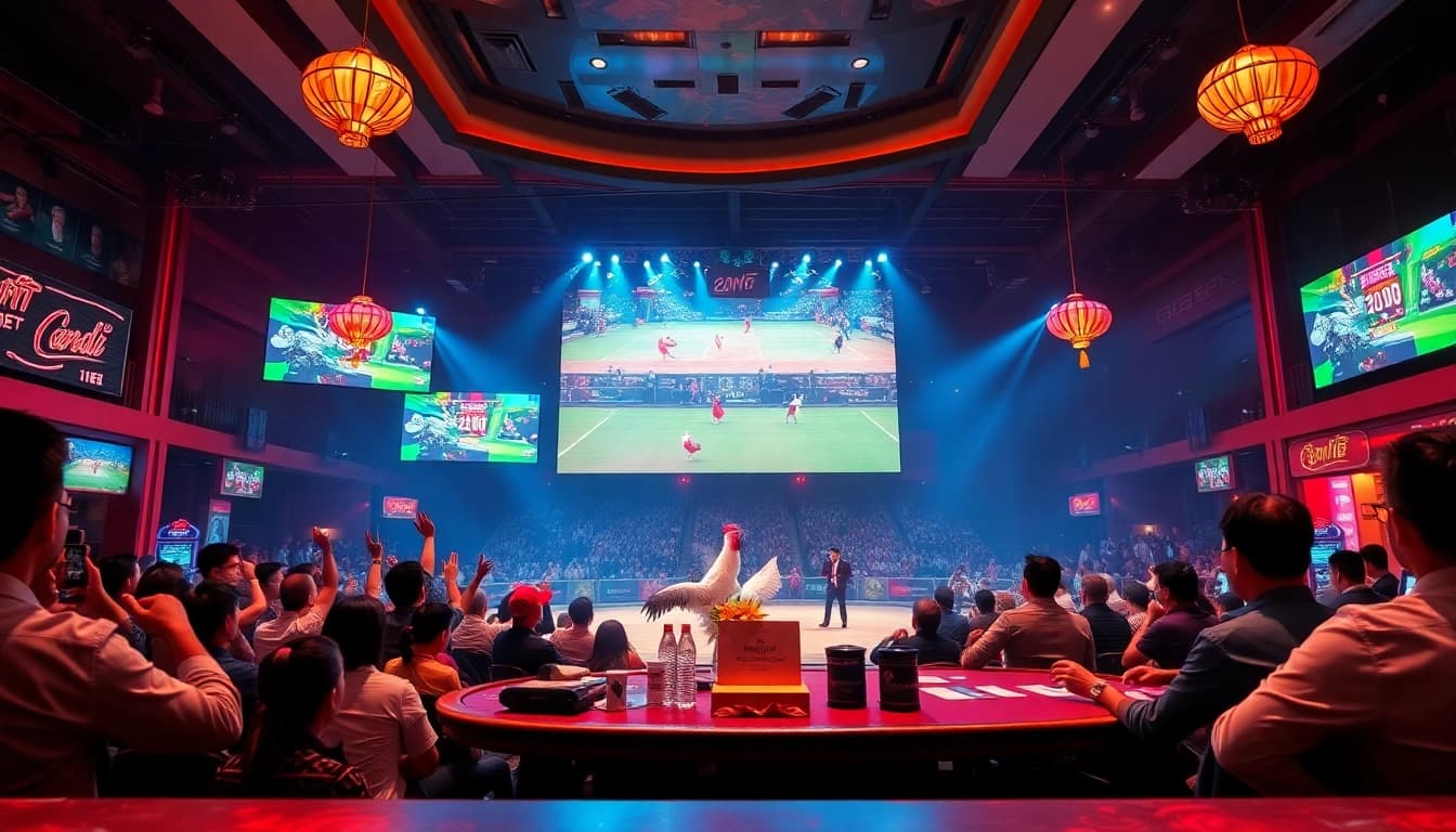 Betting on đá gà trực tiếp in a lively casino setting with a vibrant livestream setup.