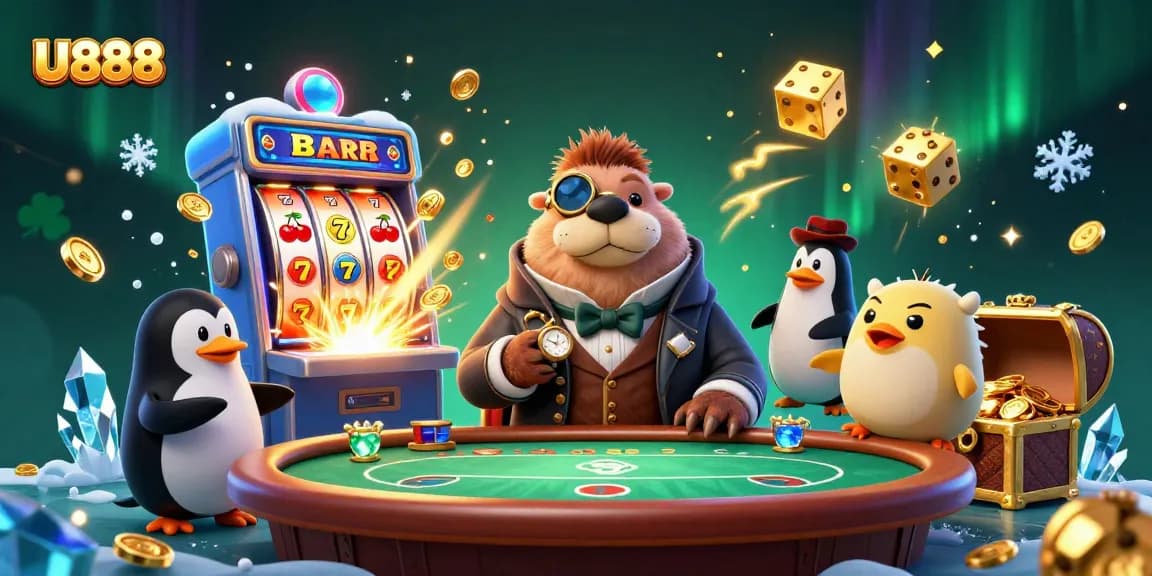 Engage in thrilling U888 betting with a jolly walrus at an underwater poker table, casino games abound.