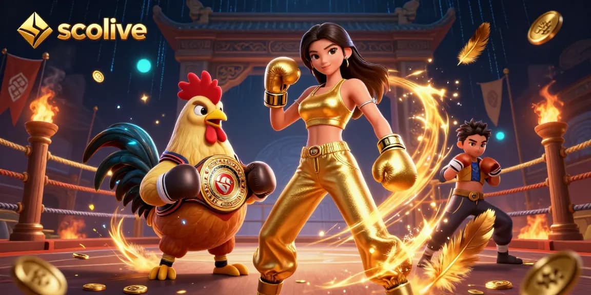 Socolive offers an action-packed atmosphere with a dynamic scene featuring a powerful woman and a championship rooster in a vibrant gambling arena.
