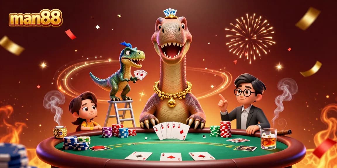 Experience excitement with man88's vibrant casino scene featuring engaging poker elements and playful characters.