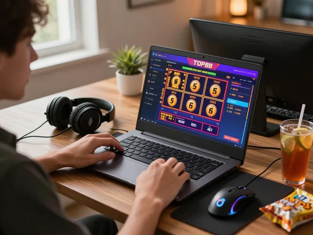 Engaging gaming scene showcasing a user enjoying TOP88 live casino experience with colorful graphics.