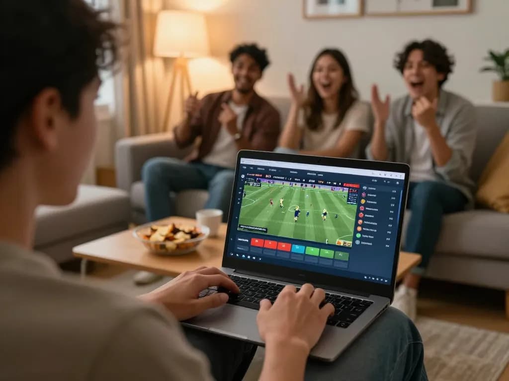 Engaging sports betting experience on GVUI platform, vibrant home setting with laptop showing live games.