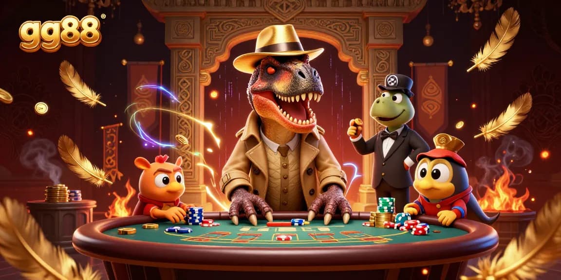 gg88 velociraptor card counter sneaking at a blackjack table amidst swirling golden particles.